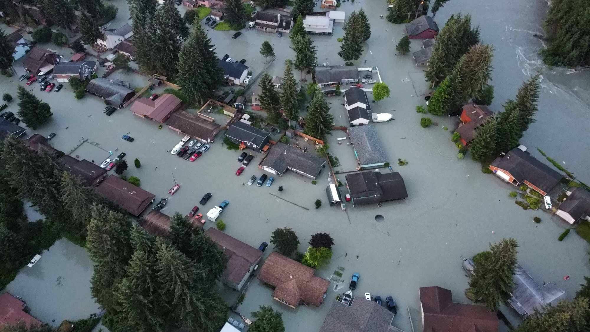 A drone image shows widespread flooding in the Mendenhall Valley in Juneau on Aug. 6, 2024. The flood was from an outburst at Suicide Basin, part of the Mendenhall Glacier complex. A similar glacial outburst flood struck the same area in 2023. (Image courtesy of Rich Ross)