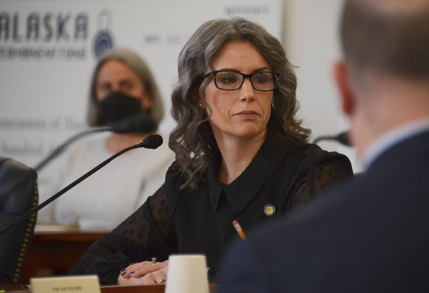 Sen. Kelly Merrick, R-Eagle River, is seen on Monday, Feb. 13, 2023, during a meeting of the Senate Finance Committee. (James Brooks/Alaska Beacon)