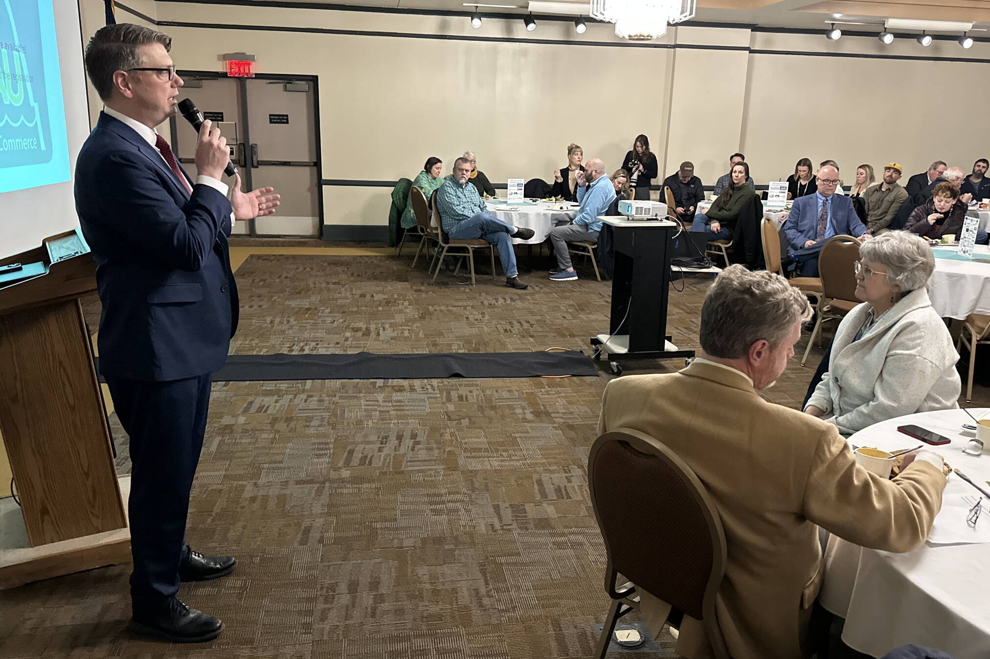 U.S. Rep. Nick Begich III, R-Alaska, address the Greater Juneau Chamber of Commerce on Thursday. (Mark Sabbatini / Juneau Empire)