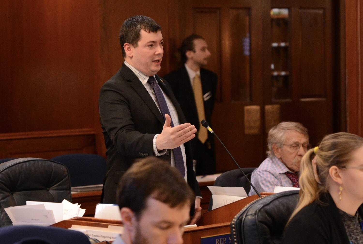 Rep. Will Stapp, R-Fairbanks, speaks on the House floor on Thursday, May 2, 2024. (Photo by James Brooks/Alaska Beacon)