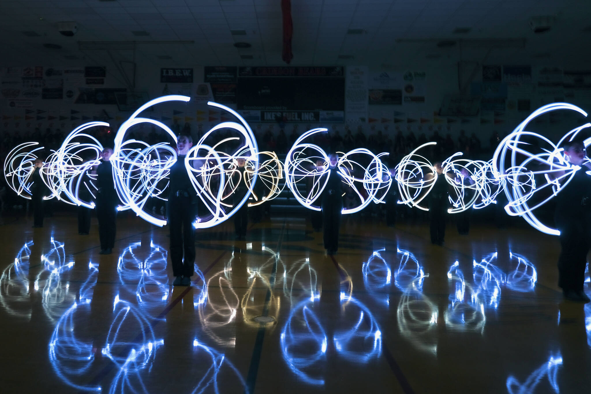 The Juneau-Douglas High School: Yadaa.at Kalé Dance team performed their Light March during homecoming on Saturday in the George Houston Gymnasium. (Klas Stolpe / Juneau Empire)