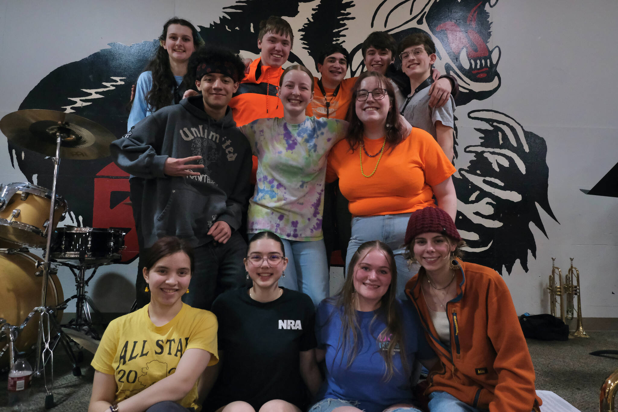 Members of the Juneau-Douglas High School: Yadaa.at Kalé Pep Band pose for a photo Saturday during Senior Night honors at the George Houston Gymnasium. (Klas Stolpe / Juneau Empire)