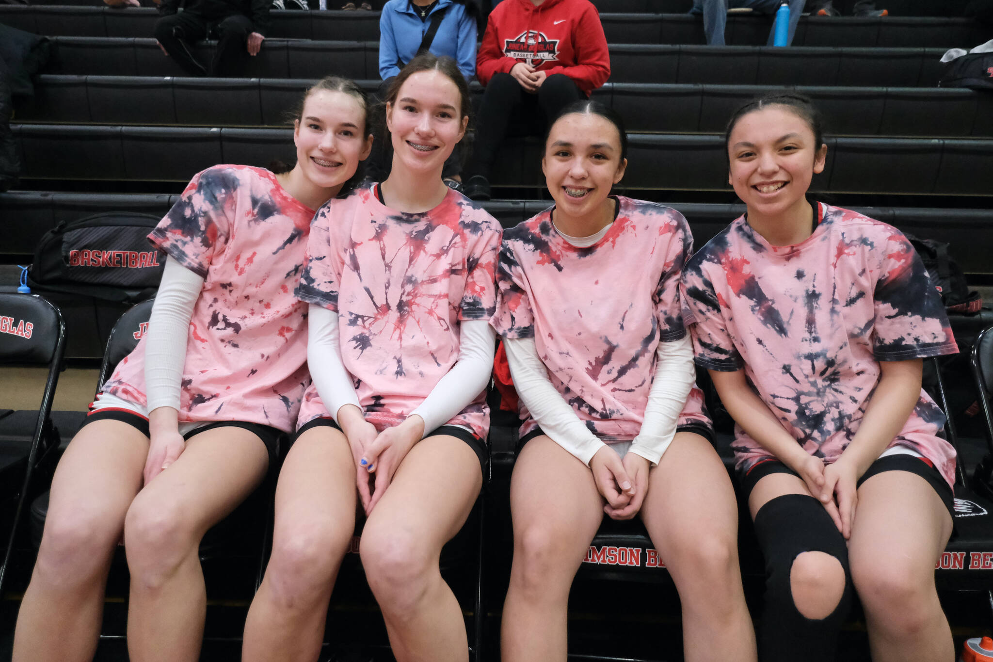 Juneau-Douglas High School: Yadaa.at Kalé Crimson Bears seniors Kerra Baxter, Cailynn Baxter, Addison Wilson and Mary Johnson during Senior Night Saturday at George Houston Gymnasium. (Klas Stolpe / Juneau Empire)