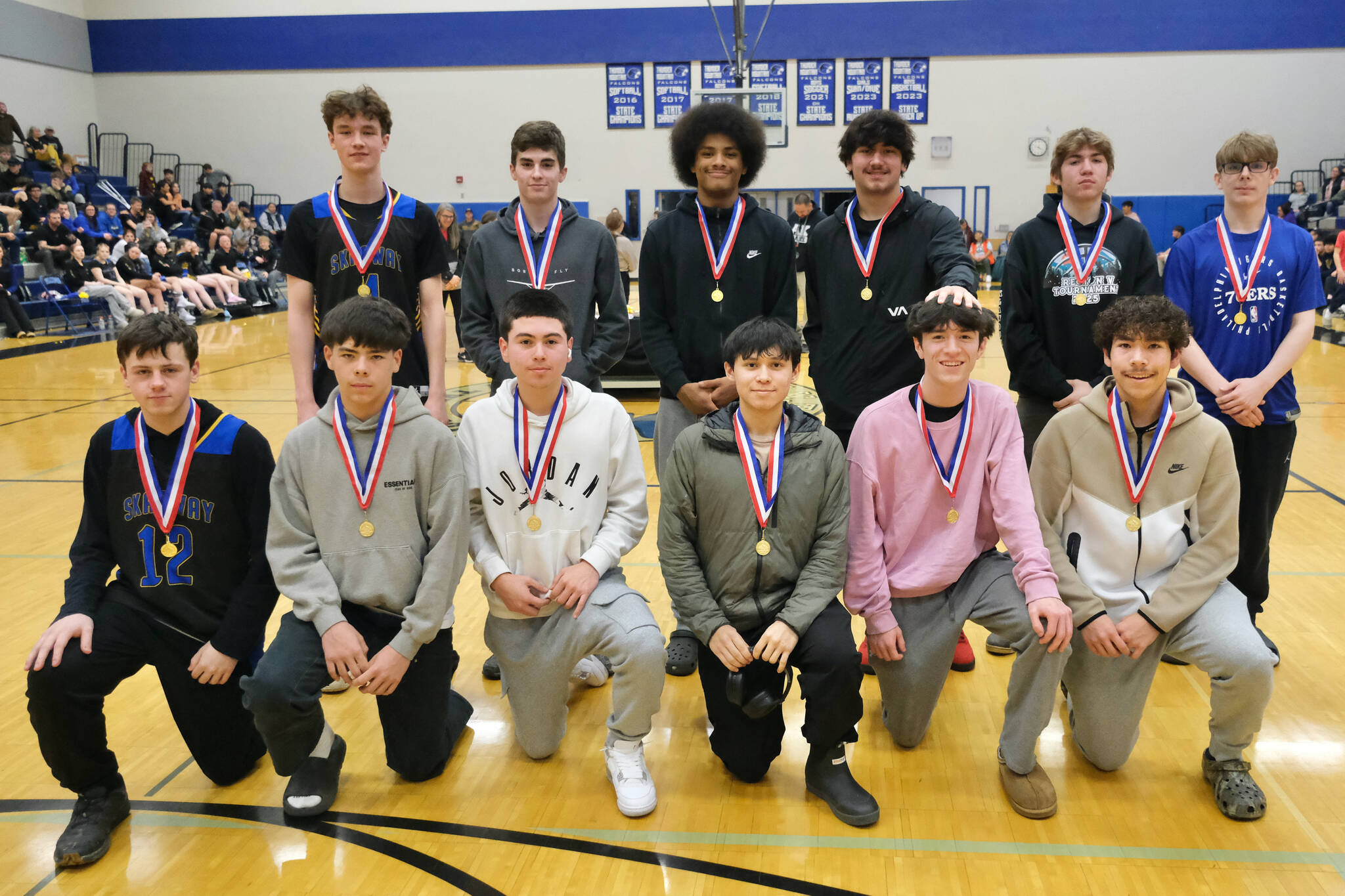 The 1A Boys All-Conference team are back row left-to-right Royce Borst (SKG), Davin Hamby (TB), Keontay Jackson (Kake), Aiden Clark (Kake), Connor Bagby (KLWK) and Tanner Smith (KLWK). Front l-r are Landon Rodig (SKG), Tanner Howland (HNH), Tyrone Carlson (HYD), Ricky Alander (HYD), Talen Davis (Kake), and Beebuks Kookesh (ANG). (Klas Stolpe / Juneau Empire)