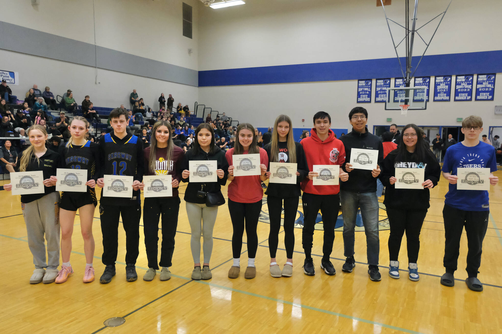 All-Academic Team members Kenadie Cox, Kaitlyn Tronrud, Landon Rodig, Krista Howland, Macy Alander, Lea Armour, Kaiya Marvin, Rodney Moler, Luke Jack, Tatum Johnson, and Tanner Smith. (Klas Stolpe / Juneau Empire)