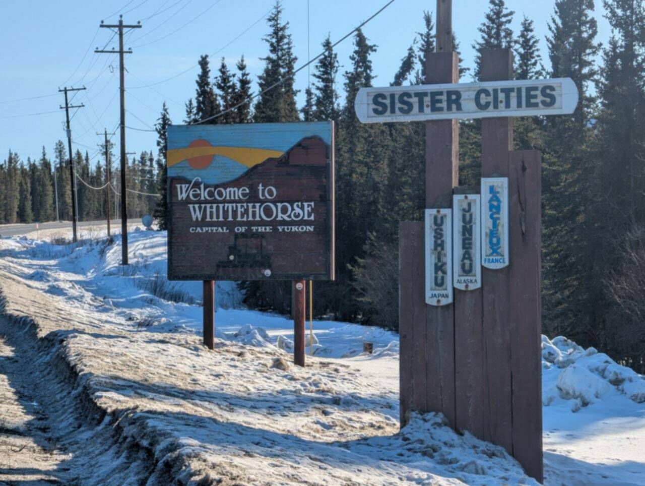 A sign in Whitehorse shows Juneau as one of three sister cities on March 4, 2025. (Photo courtesy of Ensio Lera)