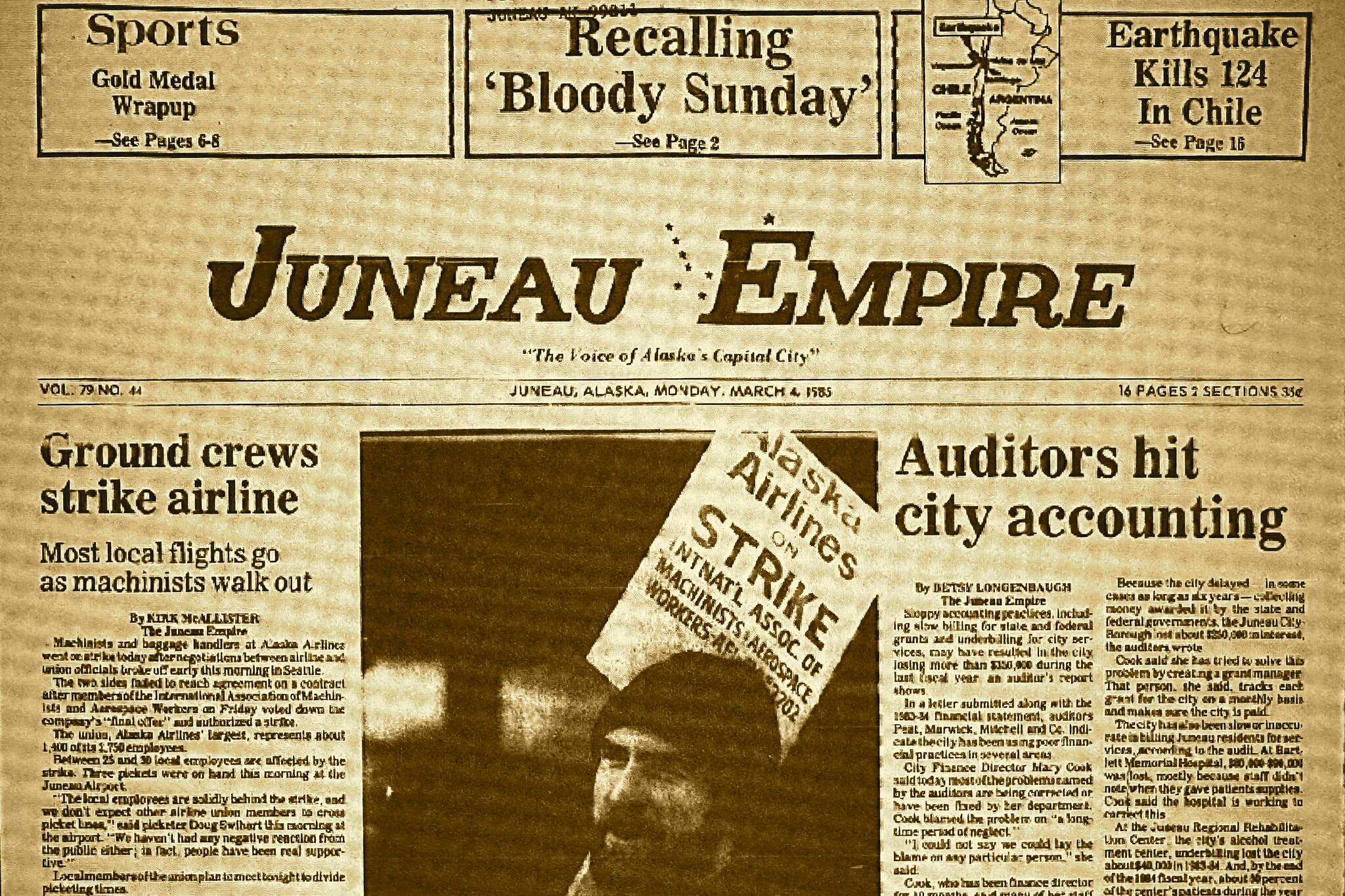 The front page of the Juneau Empire on March 4, 1985. (Mark Sabbatini / Juneau Empire)