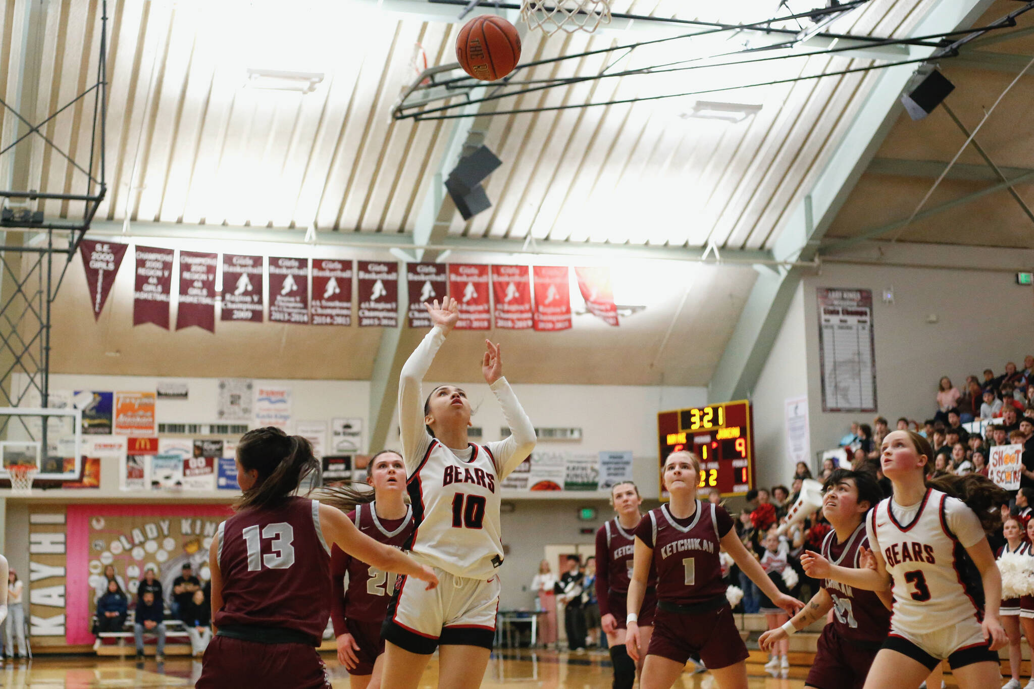 Juneau-Douglas High School: Yadaa.at Kalé’s Addison Wilson makes a layup during JDHS’ 64-36 victory over Ketchikan on the first day of the Region V 4A Basketball Tournament at the Clarke Cochrane Gymnasium on Thursday. (Christopher Mullen/ Ketchikan Daily News)