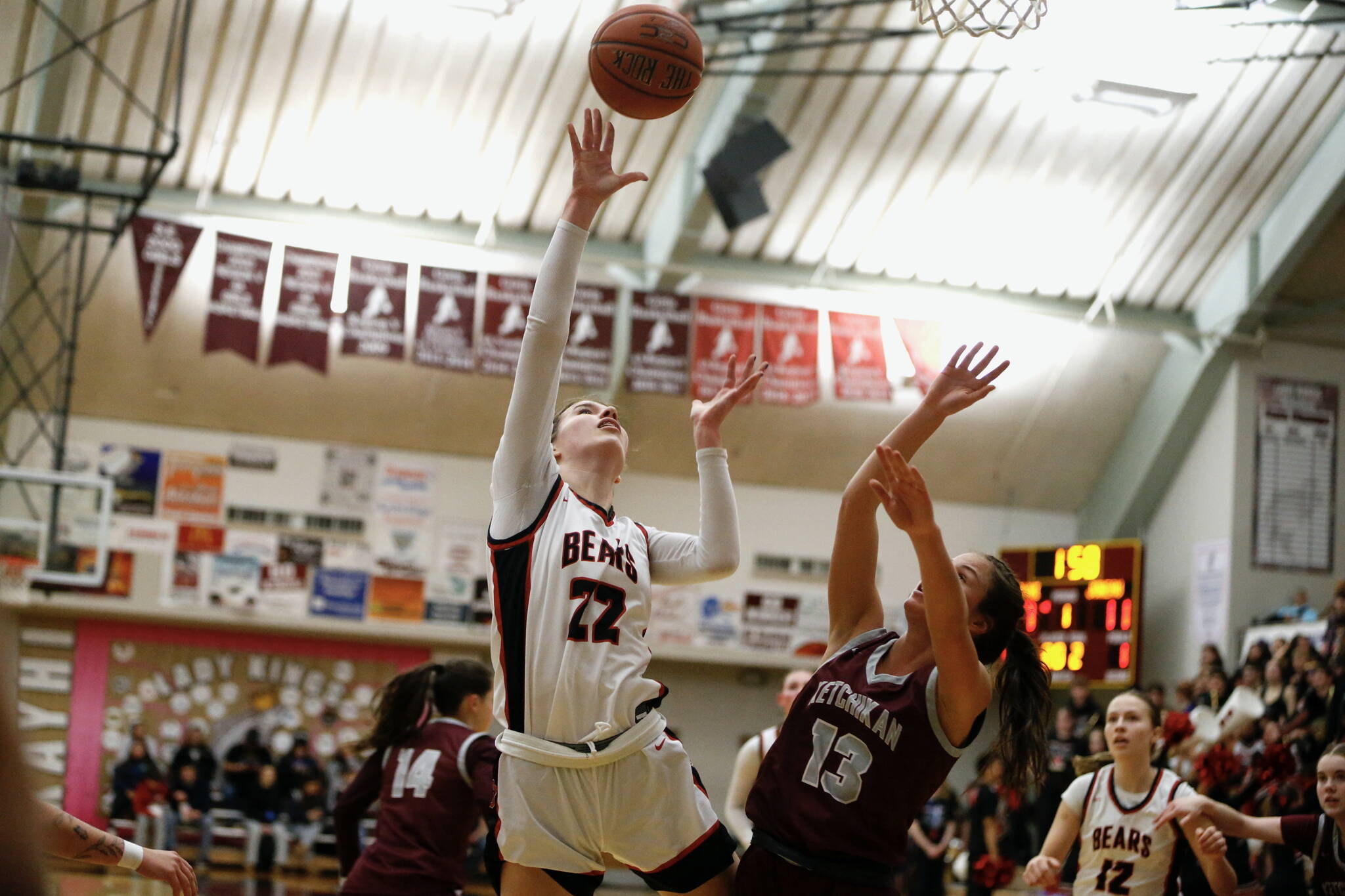 Juneau-Douglas High School: Yadaa.at Kalé’s Kerra Baxter makes a layup during JDHS’ 64-36 victory over Ketchikan on the first day of the Region V 4A Basketball Tournament at the Clarke Cochrane Gymnasium on Thursday. (Christopher Mullen/ Ketchikan Daily News)