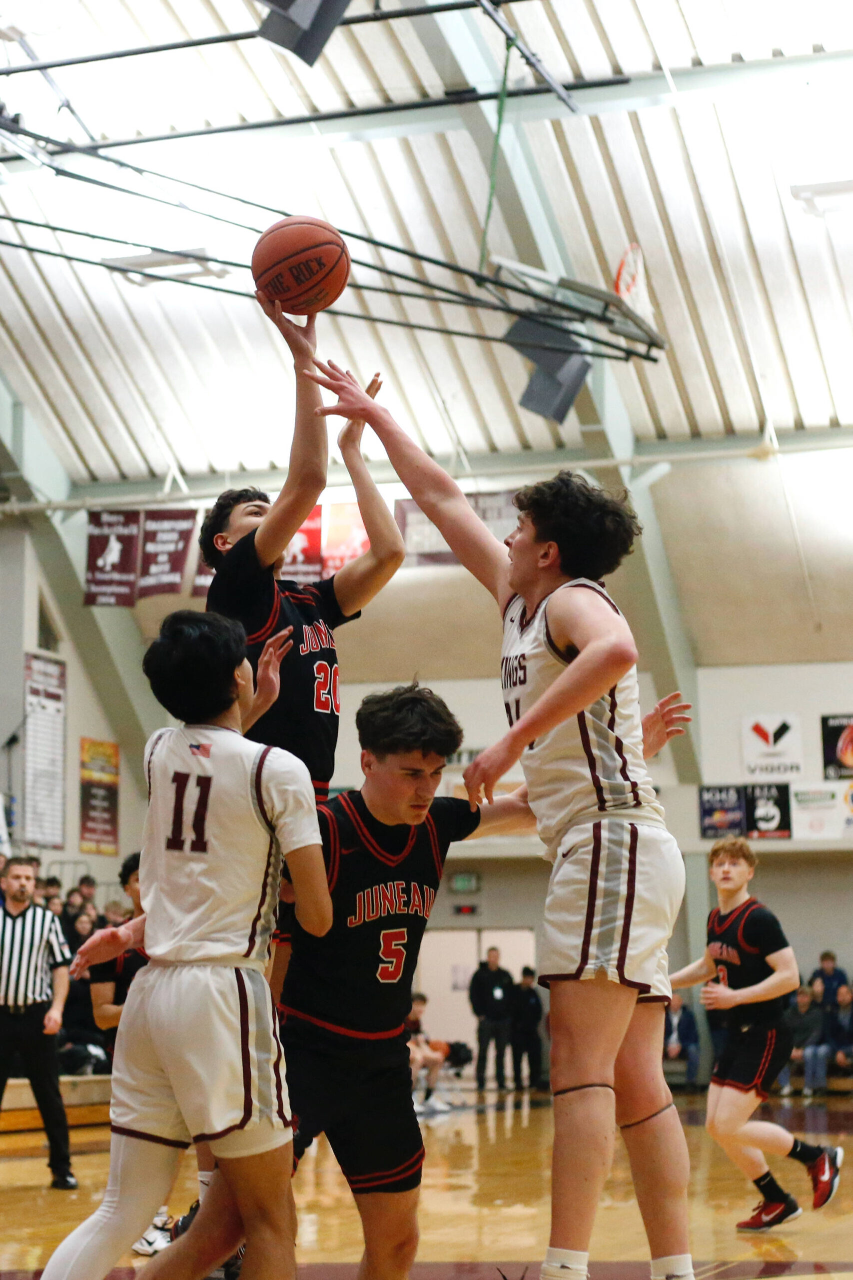 Juneau-Douglas High School: Yadaa.at Kalé’s Elias Dybdahl shoots the ball during JDHS’ 56-43 loss to Ketchikan on the first day of the Region V 4A Basketball Tournament at the Clarke Cochrane Gymnasium on Thursday. (Christopher Mullen/ Ketchikan Daily News)