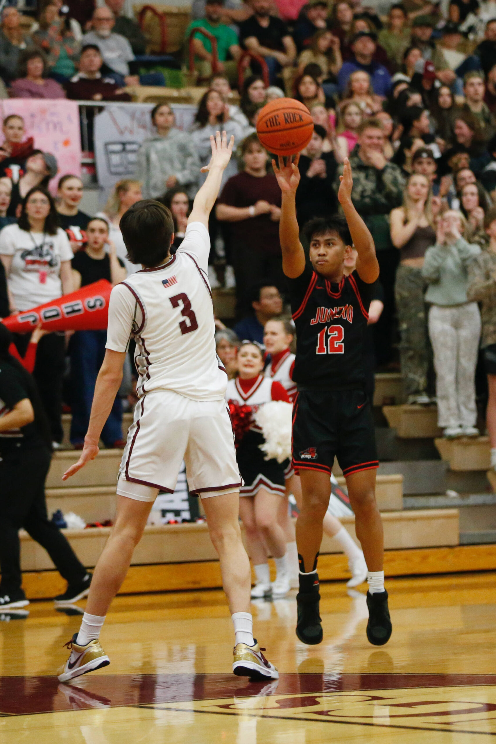 Juneau-Douglas High School: Yadaa.at Kalé’s Joren Gasga shoots the ball during Ketchikan’s 74-54 victory over Juneau-Douglas, winning the Region V 4A Basketball Tournament at the Clarke Cochrane Gymnasium on Friday. Ketchikan eliminated Juneau-Douglas and will advance to play at state. (Christopher Mullen / Ketchikan Daily News)