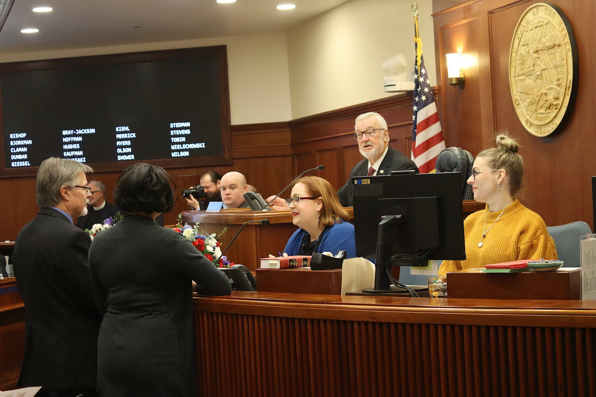 Senate President Gary Stevens, a Kodiak Republican, confers with other senators and legislative staff moments before gaveling in the start of this year’s legislative session at the Alaska State Capitol on Tuesday, Jan. 16, 2025. (Mark Sabbatini / Juneau Empire file photo)